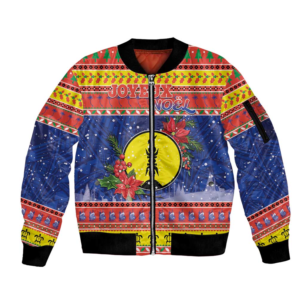 New Caledonia Christmas Sleeve Zip Bomber Jacket Kanaky Poinsettia Joyeux Noel LT05 Unisex Red - Polynesian Pride