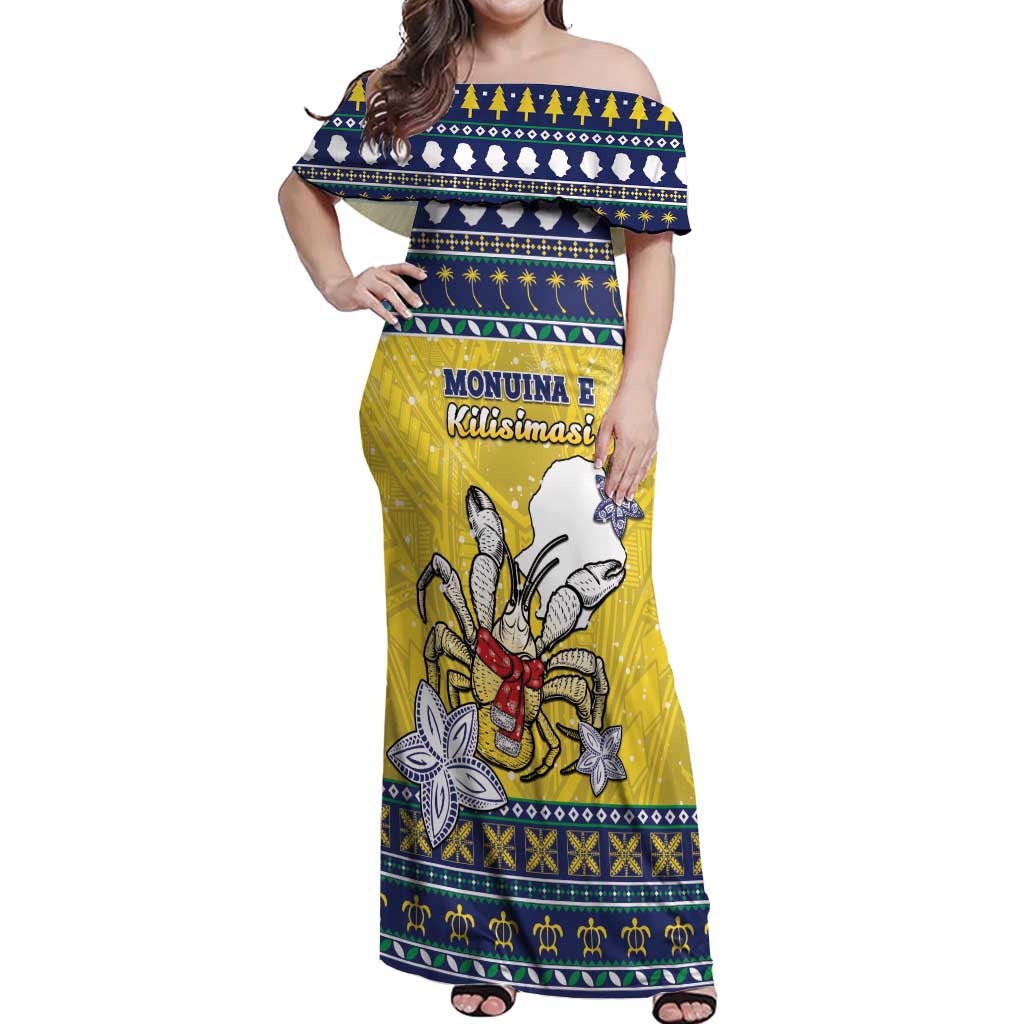Niue The Rock Christmas Off Shoulder Maxi Dress Niuean Crab Monuina E Kilisimasi LT05 Women Blue - Polynesian Pride