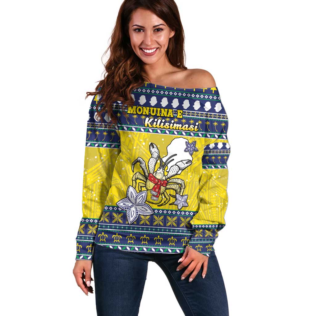 Niue The Rock Christmas Off Shoulder Sweater Niuean Crab Monuina E Kilisimasi LT05 Women Blue - Polynesian Pride