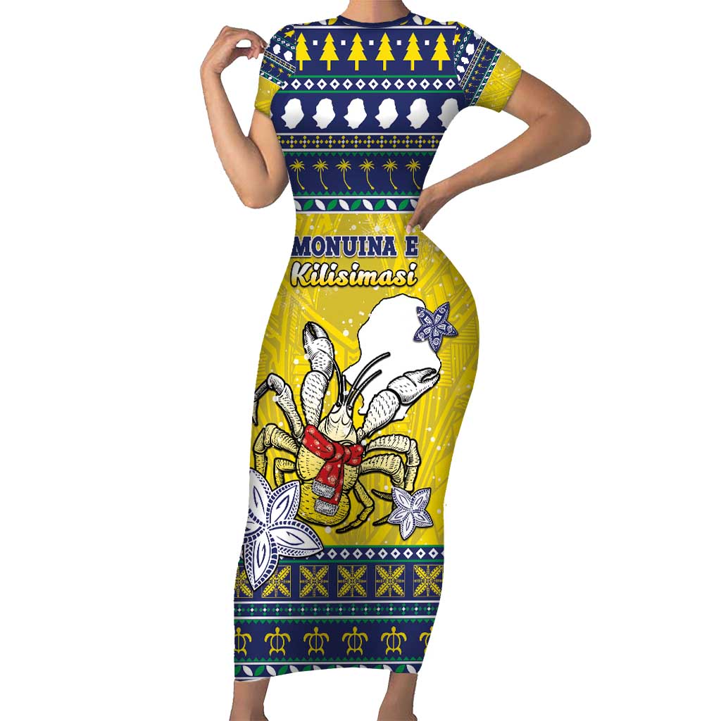 Niue The Rock Christmas Short Sleeve Bodycon Dress Niuean Crab Monuina E Kilisimasi LT05 Long Dress Blue - Polynesian Pride