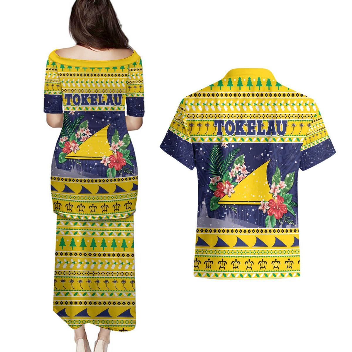 Tokelau Christmas Couples Matching Puletasi and Hawaiian Shirt Tokelauan Badge Manuia Te Kilihimahi