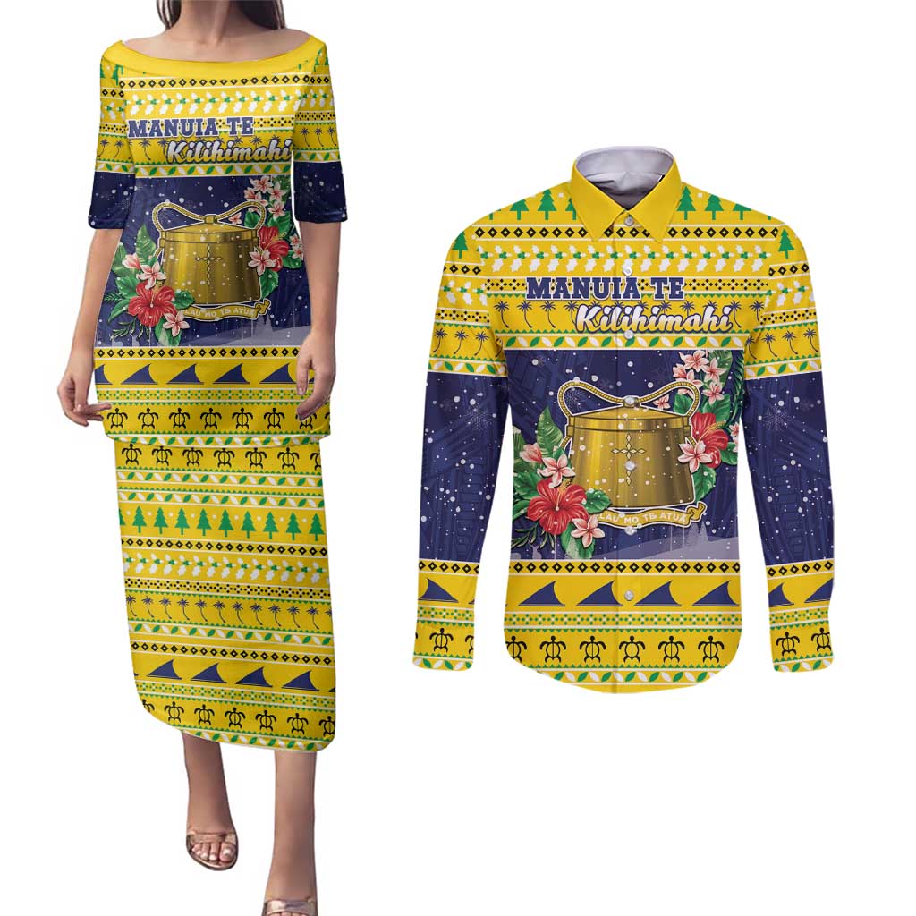 Tokelau Christmas Couples Matching Puletasi and Long Sleeve Button Shirt Tokelauan Badge Manuia Te Kilihimahi LT05 Yellow - Polynesian Pride