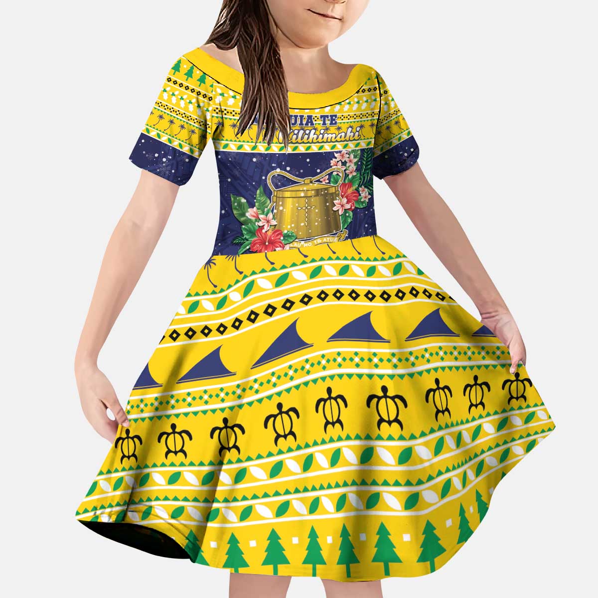 Tokelau Christmas Kid Short Sleeve Dress Tokelauan Badge Manuia Te Kilihimahi LT05 KID Yellow - Polynesian Pride
