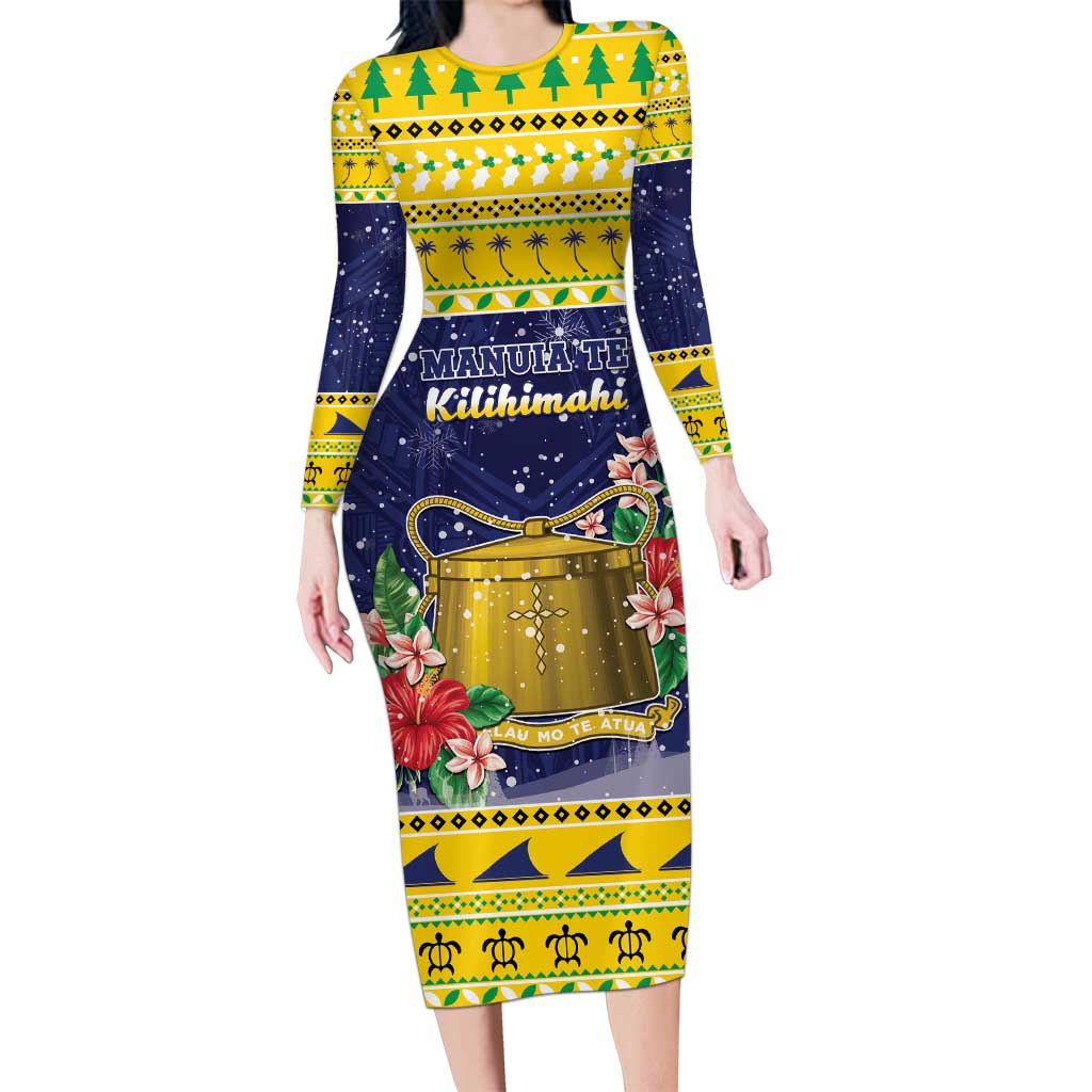 Tokelau Christmas Long Sleeve Bodycon Dress Tokelauan Badge Manuia Te Kilihimahi LT05 Long Dress Yellow - Polynesian Pride