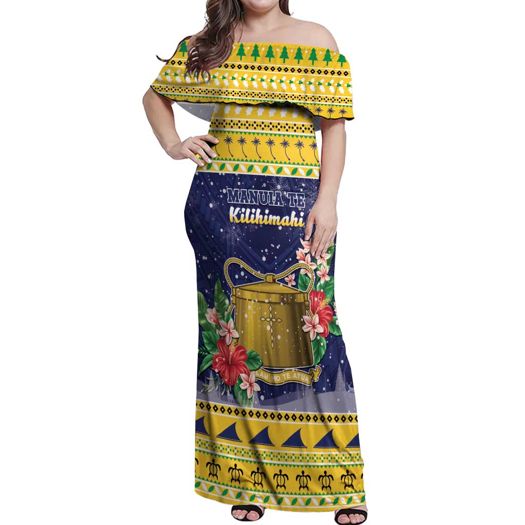 Tokelau Christmas Off Shoulder Maxi Dress Tokelauan Badge Manuia Te Kilihimahi LT05 Women Yellow - Polynesian Pride