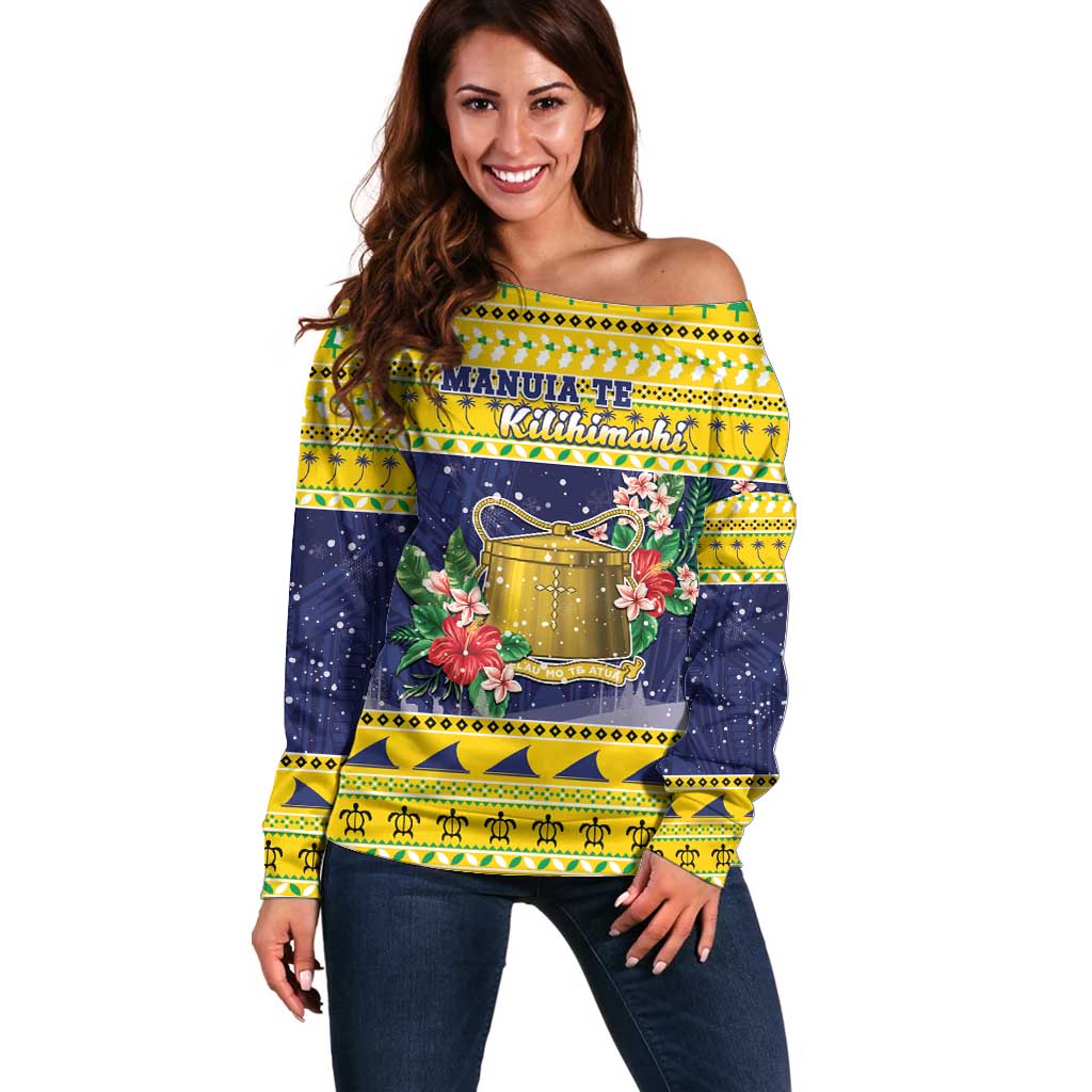 Tokelau Christmas Off Shoulder Sweater Tokelauan Badge Manuia Te Kilihimahi LT05 Women Yellow - Polynesian Pride