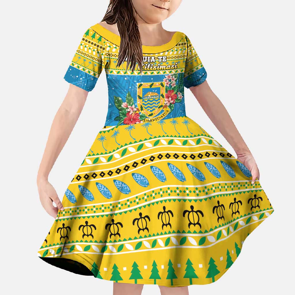 Tuvalu Christmas Family Matching Short Sleeve Bodycon Dress and Hawaiian Shirt Coat Of Arms Manuia Te Kilisimasi LT05 Daughter's Dress Yellow - Polynesian Pride