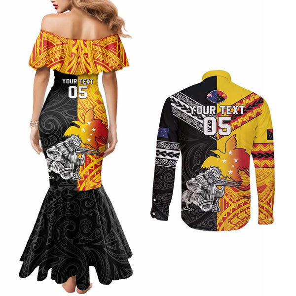 Custom Papua New Guinea Rugby Couples Matching Off Shoulder Maxi Dress and Long Sleeve Button Shirts Lae Snax Tigers PNG Polynesian Pattern LT14 main image 1