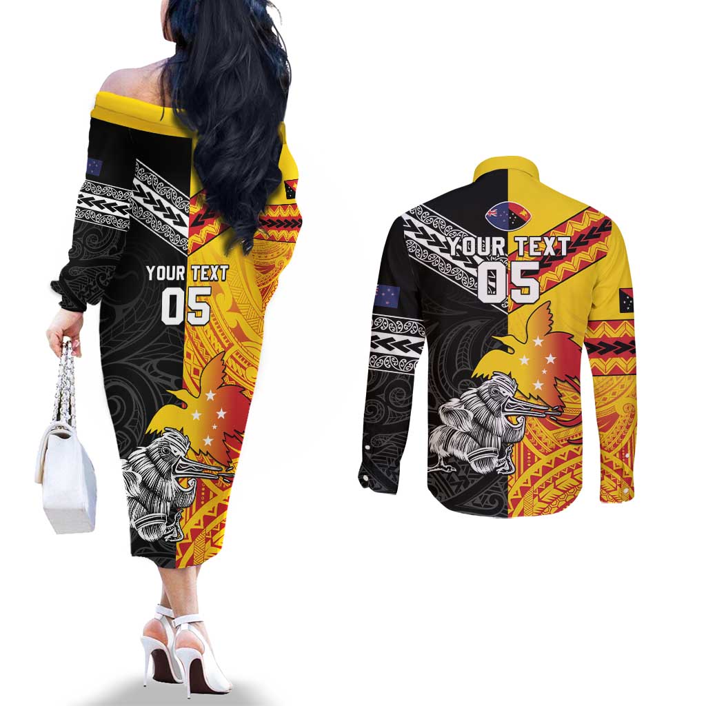 New Zealand And Papua New Guinea Rugby Custom Couples Matching Off The Shoulder Long Sleeve Dress and Long Sleeve Button Shirt Maori Kiwi With Bird of Paradise