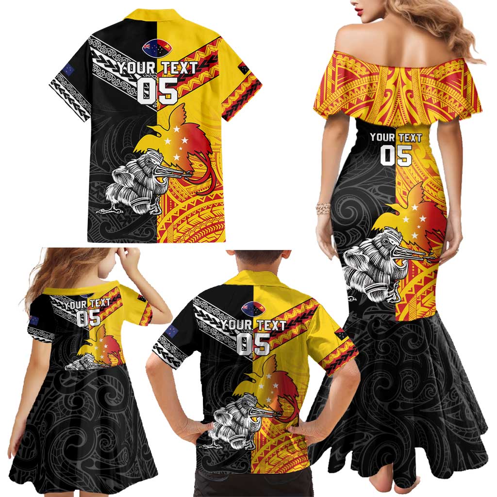 New Zealand And Papua New Guinea Rugby Custom Family Matching Mermaid Dress and Hawaiian Shirt Maori Kiwi With Bird of Paradise
