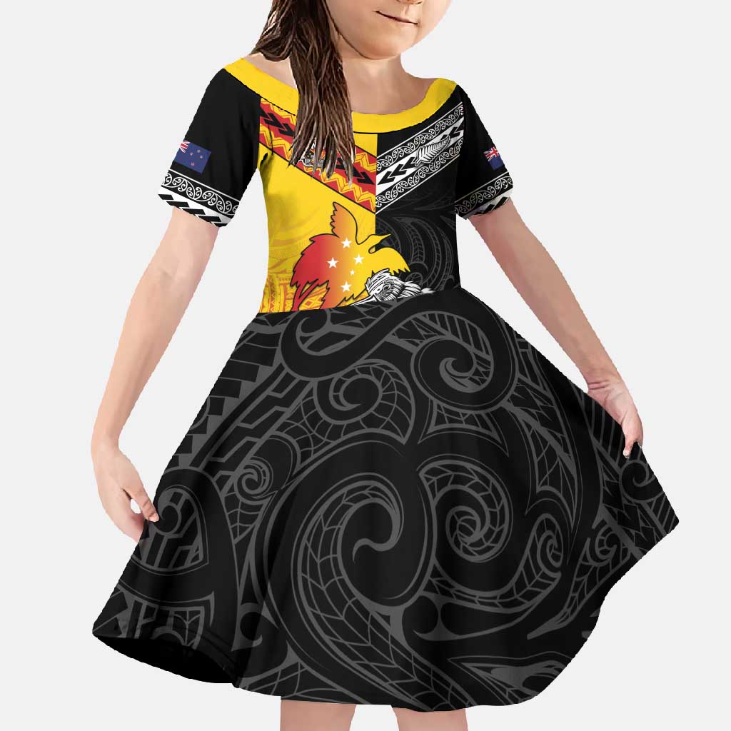 New Zealand And Papua New Guinea Rugby Custom Family Matching Off Shoulder Maxi Dress and Hawaiian Shirt Maori Kiwi With Bird of Paradise