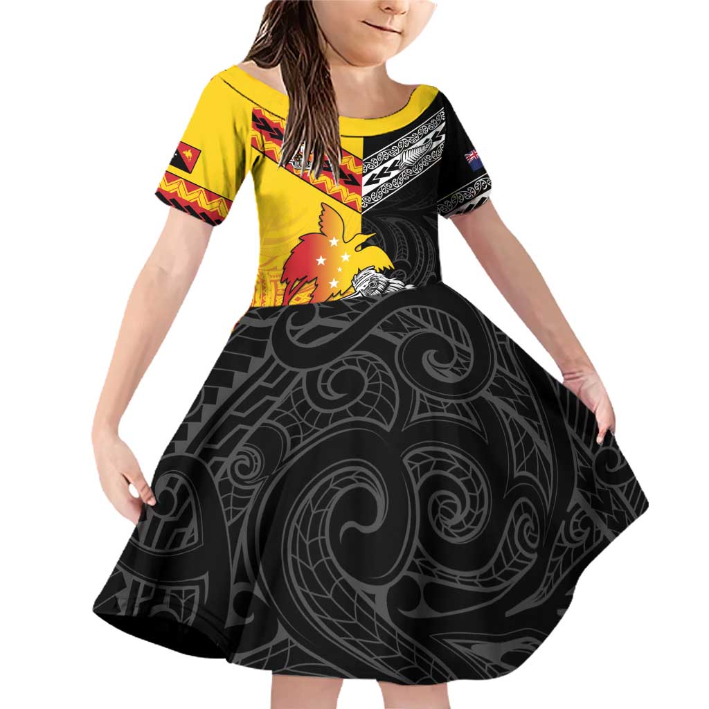 New Zealand And Papua New Guinea Rugby Custom Family Matching Off Shoulder Short Dress and Hawaiian Shirt Maori Kiwi With Bird of Paradise