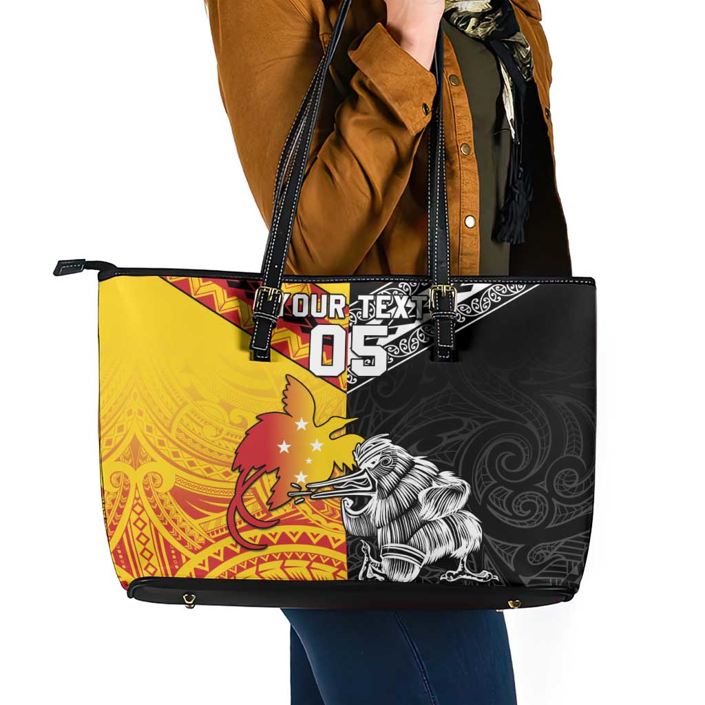 New Zealand And Papua New Guinea Rugby Custom Leather Tote Bag Maori Kiwi With Bird of Paradise