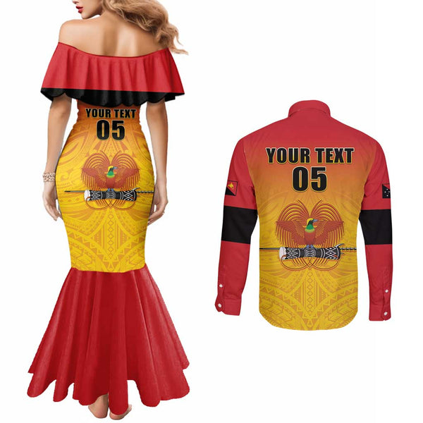 Custom Papua New Guinea Rugby Couples Matching Off Shoulder Maxi Dress and Long Sleeve Button Shirts Port Moresby Vipers PNG Polynesian Pattern LT14