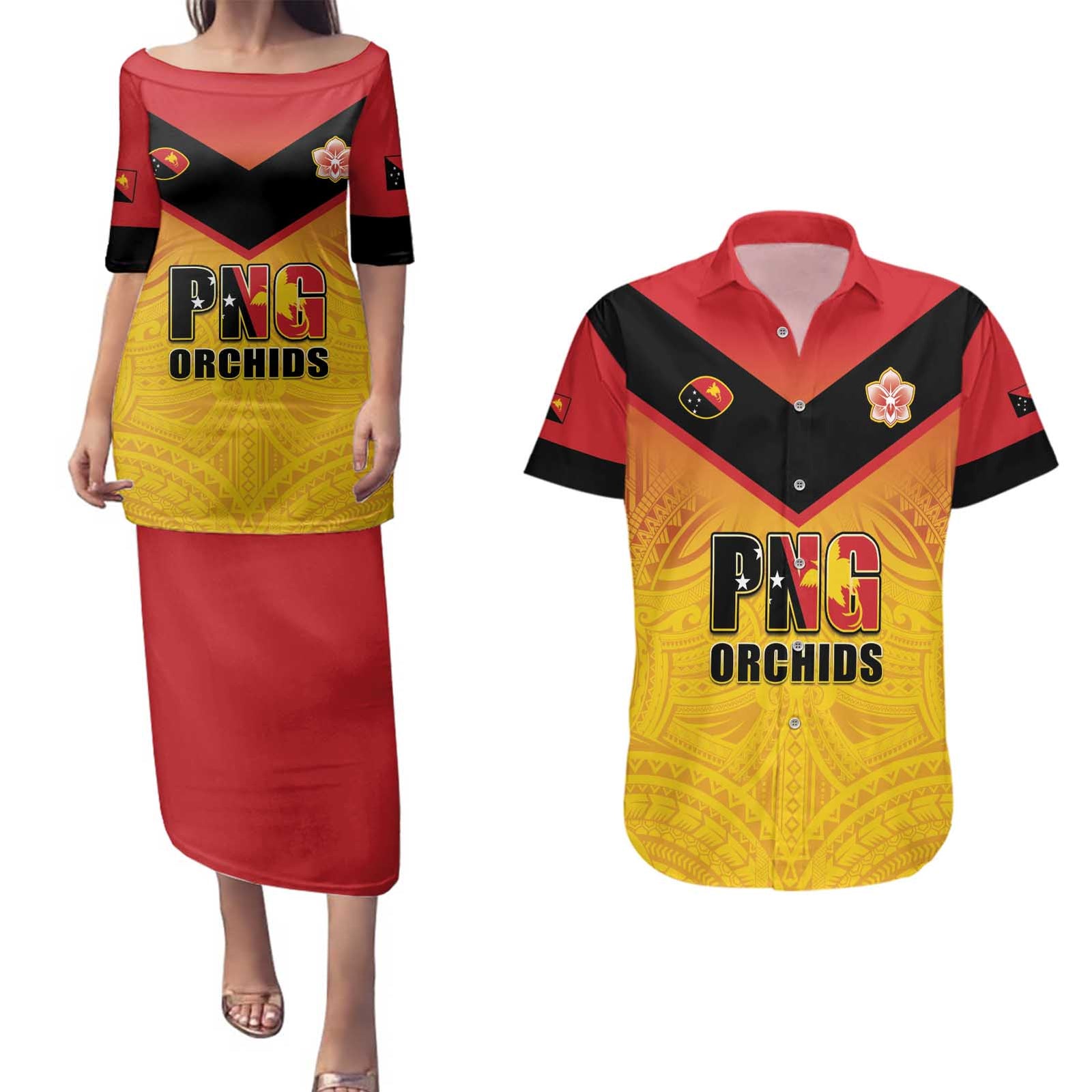 Papua New Guinea Rugby Custom Couples Matching Puletasi and Hawaiian Shirt Go Orchids Pacific Champions LT05 Yellow - Polynesian Pride