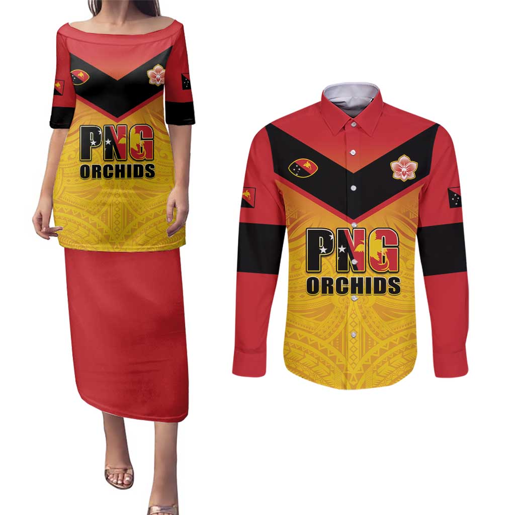 Papua New Guinea Rugby Custom Couples Matching Puletasi and Long Sleeve Button Shirt Go Orchids Pacific Champions LT05 Yellow - Polynesian Pride