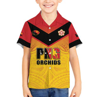 Papua New Guinea Rugby Custom Family Matching Off Shoulder Short Dress and Hawaiian Shirt Go Orchids Pacific Champions LT05 Son's Shirt Yellow - Polynesian Pride