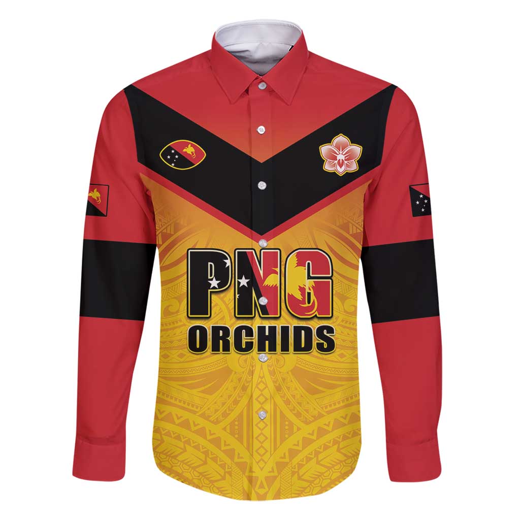 Papua New Guinea Rugby Custom Family Matching Tank Maxi Dress and Hawaiian Shirt Go Orchids Pacific Champions LT05 Dad's Shirt - Long Sleeve Yellow - Polynesian Pride