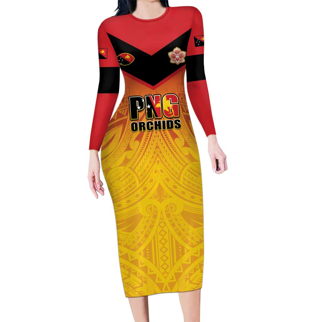 Papua New Guinea Rugby Custom Long Sleeve Bodycon Dress Go Orchids Pacific Champions LT05 Long Dress Yellow - Polynesian Pride