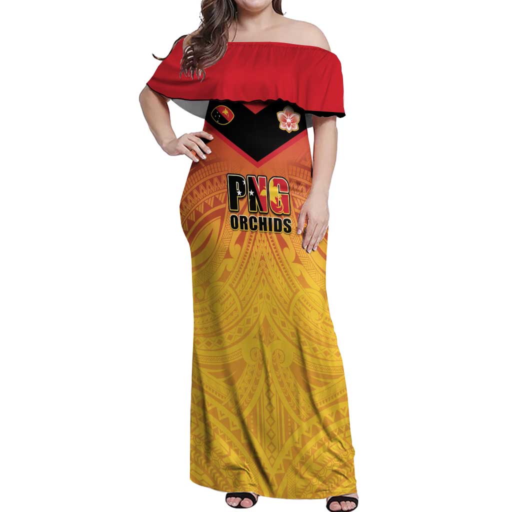 Papua New Guinea Rugby Custom Off Shoulder Maxi Dress Go Orchids Pacific Champions LT05 Women Yellow - Polynesian Pride