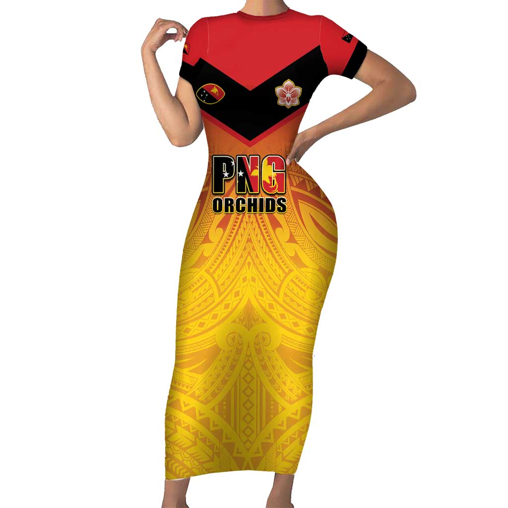 Papua New Guinea Rugby Custom Short Sleeve Bodycon Dress Go Orchids Pacific Champions LT05 Long Dress Yellow - Polynesian Pride
