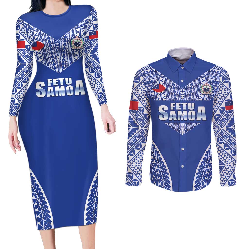 Fetu Samoa Rugby Custom Couples Matching Long Sleeve Bodycon Dress and Long Sleeve Button Shirt Go Champions LT05 Blue - Polynesian Pride