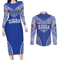 Fetu Samoa Rugby Custom Couples Matching Long Sleeve Bodycon Dress and Long Sleeve Button Shirt Go Champions LT05 Blue - Polynesian Pride