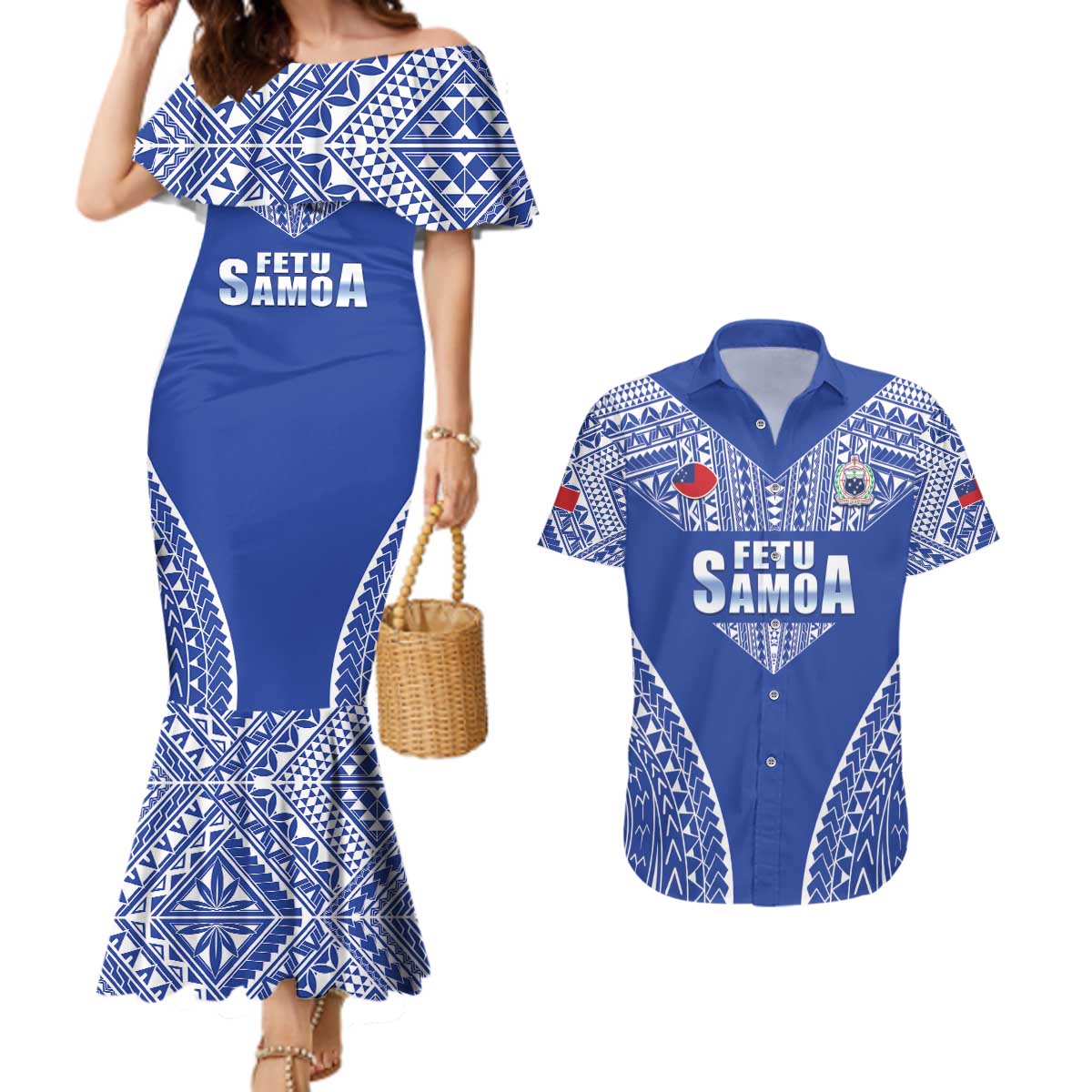 Fetu Samoa Rugby Custom Couples Matching Mermaid Dress and Hawaiian Shirt Go Champions LT05 Blue - Polynesian Pride