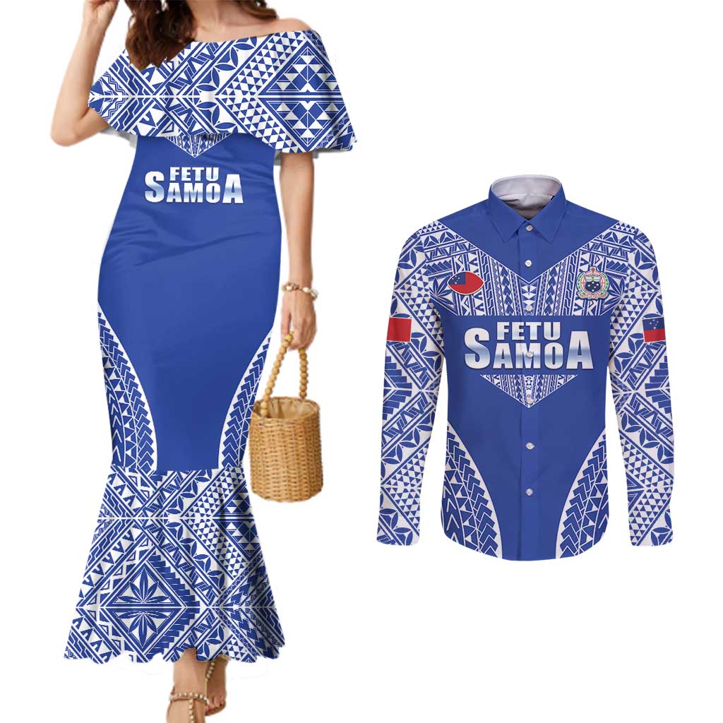 Fetu Samoa Rugby Custom Couples Matching Mermaid Dress and Long Sleeve Button Shirt Go Champions LT05 Blue - Polynesian Pride