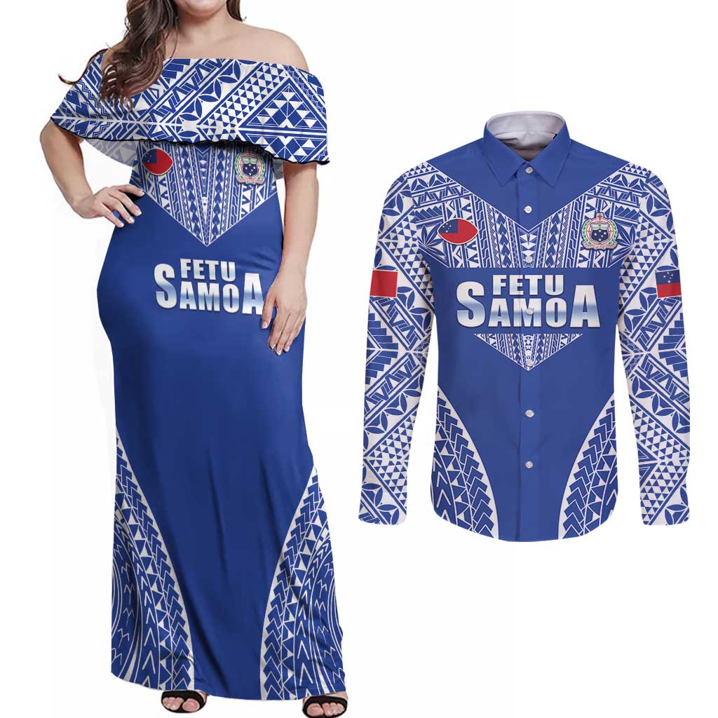 Fetu Samoa Rugby Custom Couples Matching Off Shoulder Maxi Dress and Long Sleeve Button Shirt Go Champions LT05 Blue - Polynesian Pride