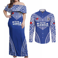 Fetu Samoa Rugby Custom Couples Matching Off Shoulder Maxi Dress and Long Sleeve Button Shirt Go Champions LT05 Blue - Polynesian Pride
