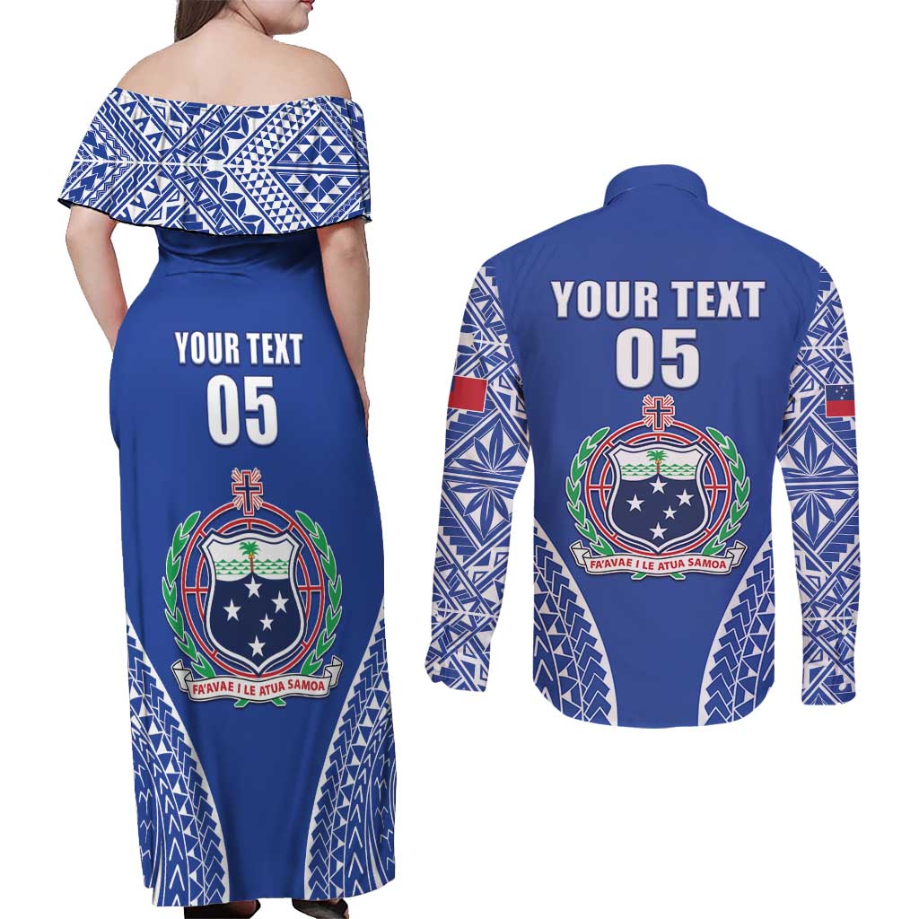 Fetu Samoa Rugby Custom Couples Matching Off Shoulder Maxi Dress and Long Sleeve Button Shirt Go Champions LT05 - Polynesian Pride