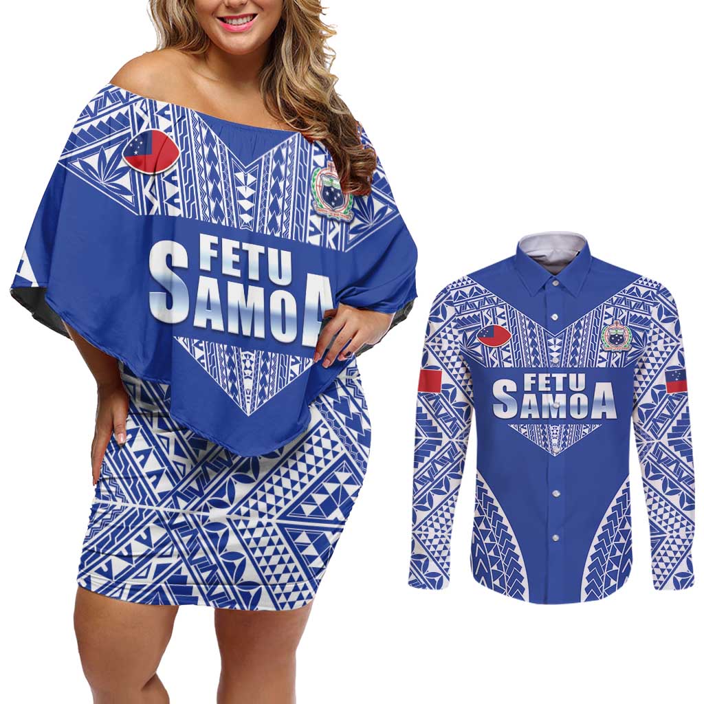 Fetu Samoa Rugby Custom Couples Matching Off Shoulder Short Dress and Long Sleeve Button Shirt Go Champions LT05 Blue - Polynesian Pride