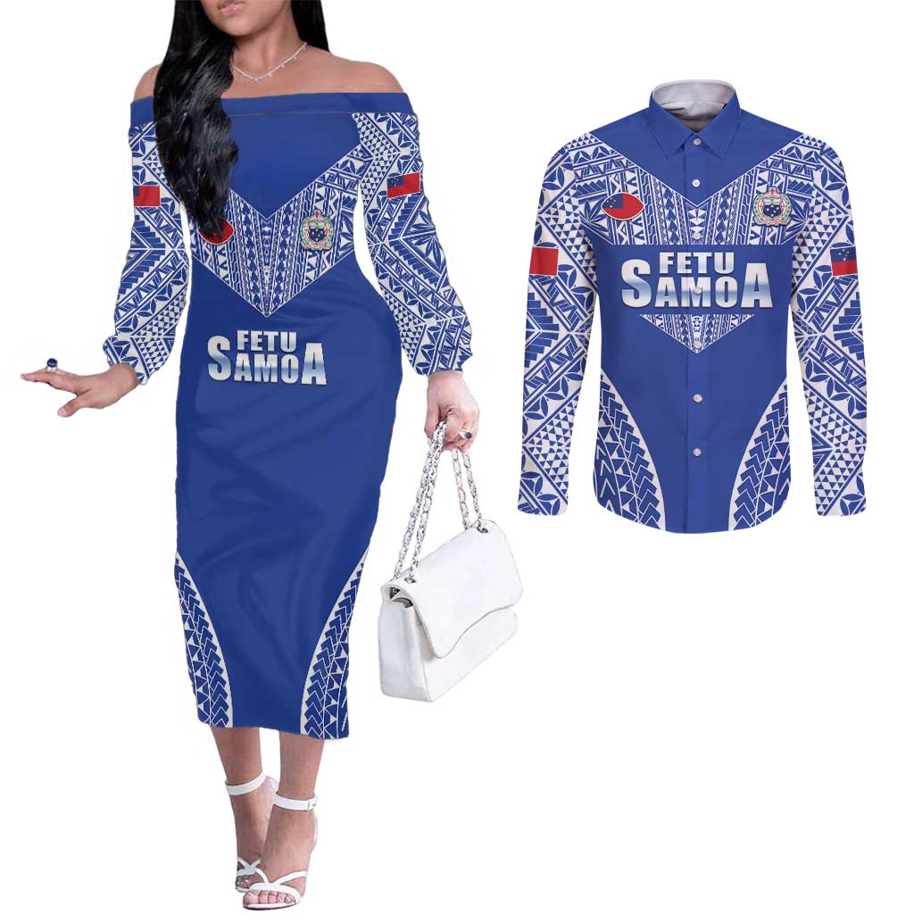 Fetu Samoa Rugby Custom Couples Matching Off The Shoulder Long Sleeve Dress and Long Sleeve Button Shirt Go Champions LT05 Blue - Polynesian Pride