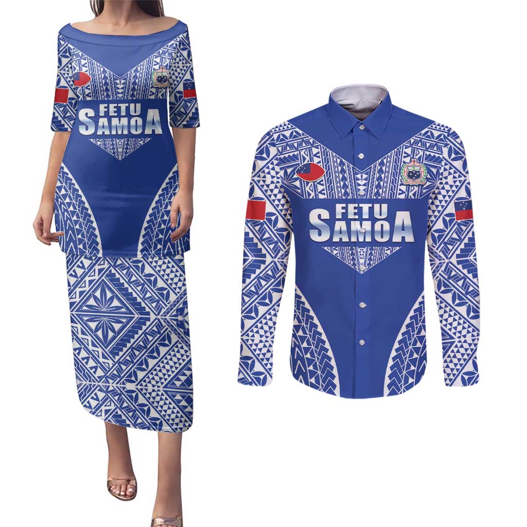 Fetu Samoa Rugby Custom Couples Matching Puletasi and Long Sleeve Button Shirt Go Champions LT05 Blue - Polynesian Pride
