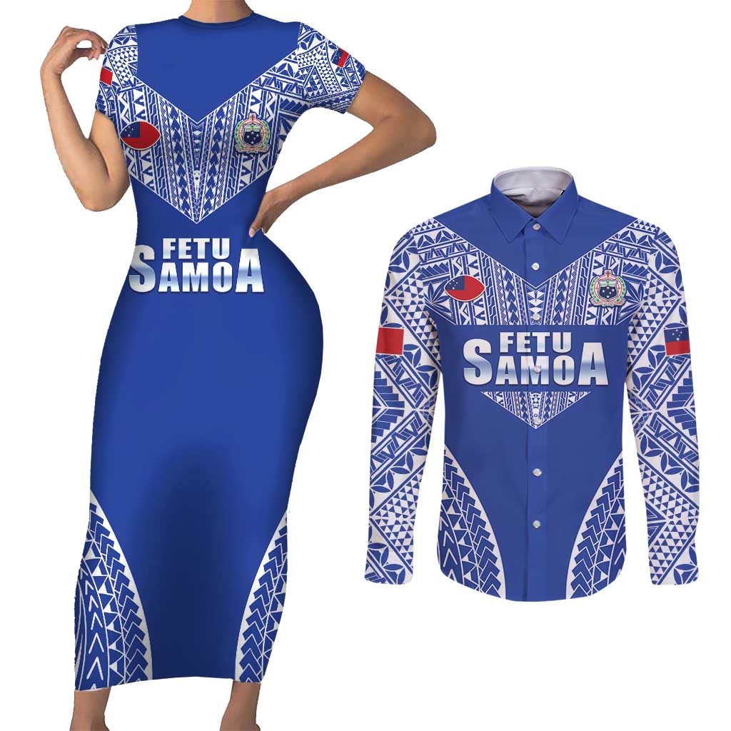Fetu Samoa Rugby Custom Couples Matching Short Sleeve Bodycon Dress and Long Sleeve Button Shirt Go Champions LT05 Blue - Polynesian Pride