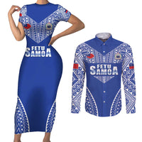 Fetu Samoa Rugby Custom Couples Matching Short Sleeve Bodycon Dress and Long Sleeve Button Shirt Go Champions LT05 Blue - Polynesian Pride