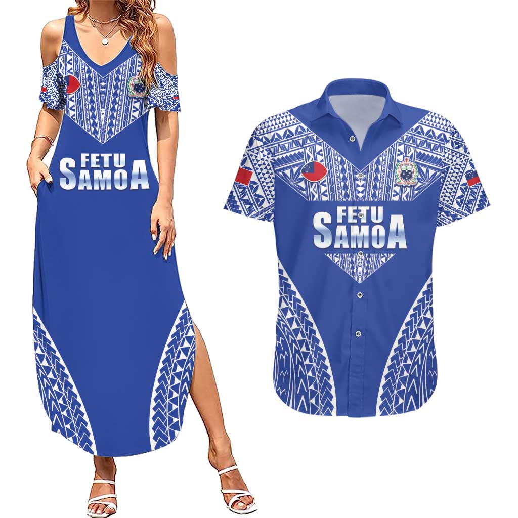 Fetu Samoa Rugby Custom Couples Matching Summer Maxi Dress and Hawaiian Shirt Go Champions LT05 Blue - Polynesian Pride