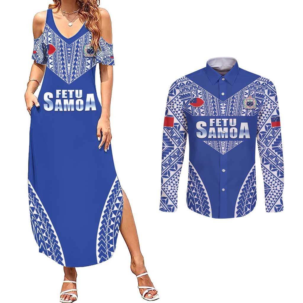 Fetu Samoa Rugby Custom Couples Matching Summer Maxi Dress and Long Sleeve Button Shirt Go Champions LT05 Blue - Polynesian Pride