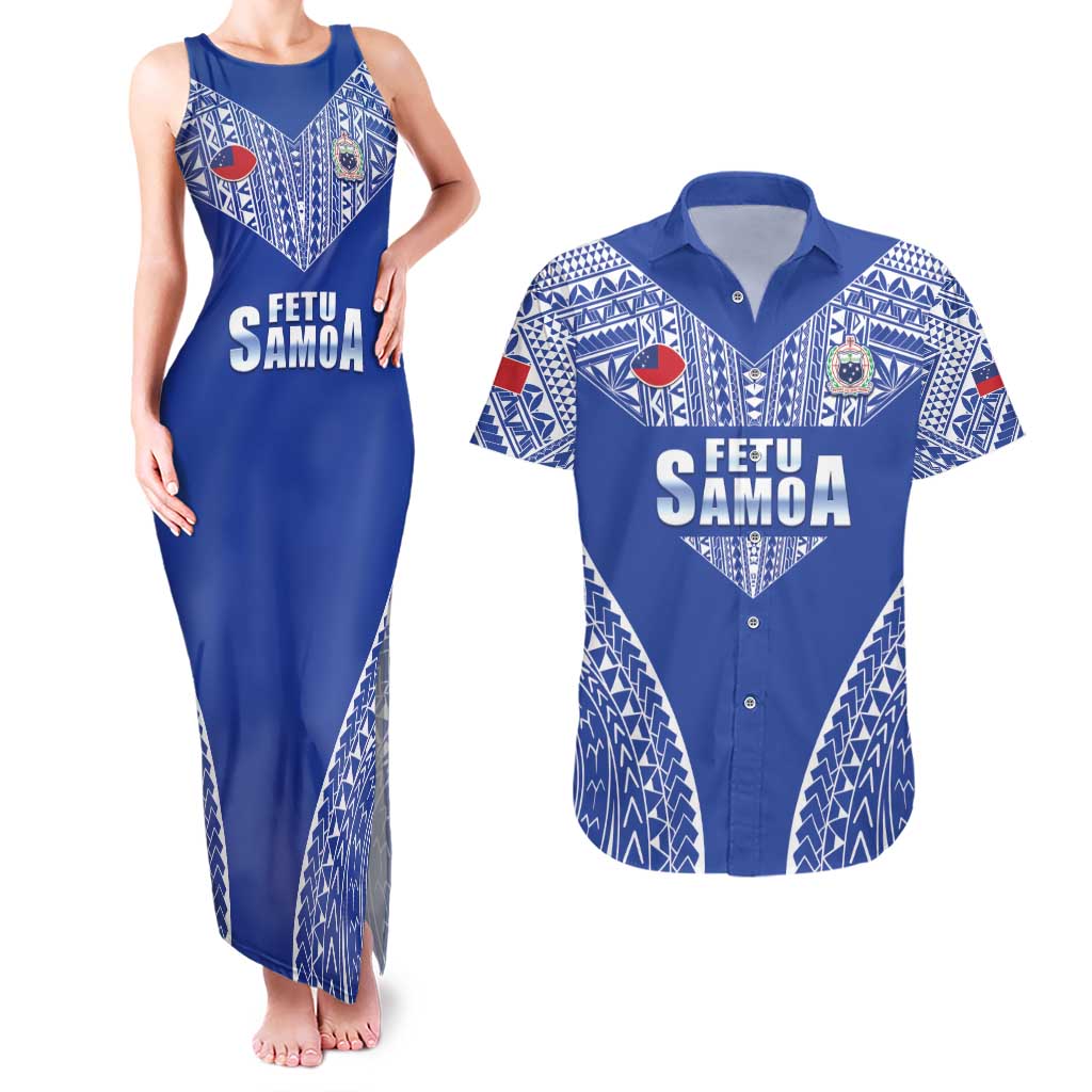 Fetu Samoa Rugby Custom Couples Matching Tank Maxi Dress and Hawaiian Shirt Go Champions LT05 Blue - Polynesian Pride