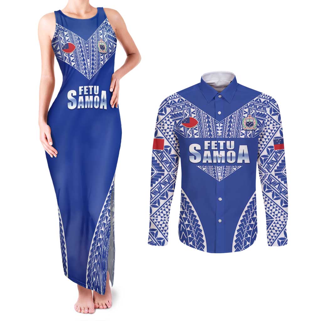 Fetu Samoa Rugby Custom Couples Matching Tank Maxi Dress and Long Sleeve Button Shirt Go Champions LT05 Blue - Polynesian Pride