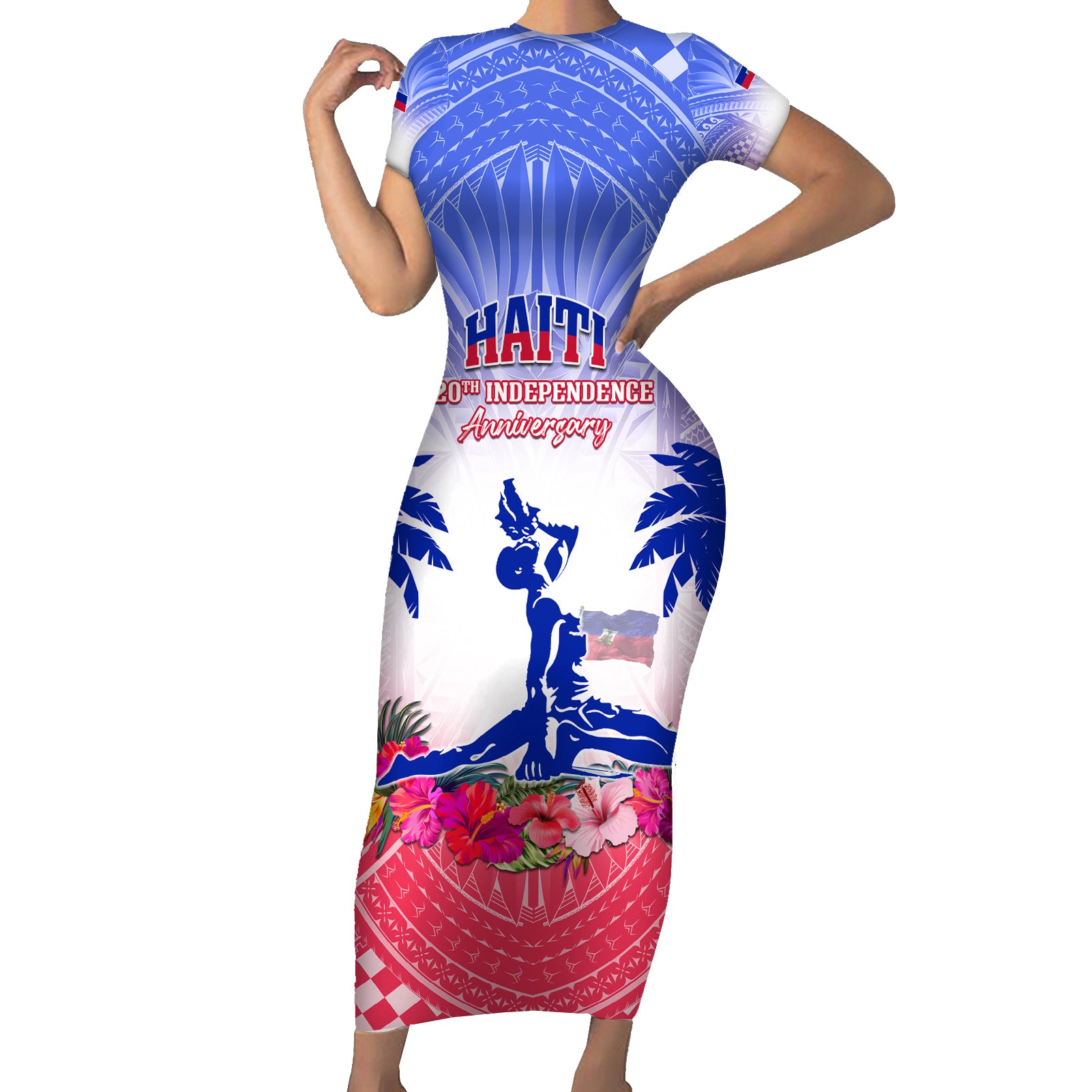 Personalised Haiti Independence Day Short Sleeve Bodycon Dress Neg Maron Polynesian Style LT05 Long Dress Blue - Polynesian Pride