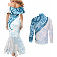 Blue Polynesian Tribal Turtle Floral Pattern Couples Matching Mermaid Dress and Long Sleeve Button Shirt