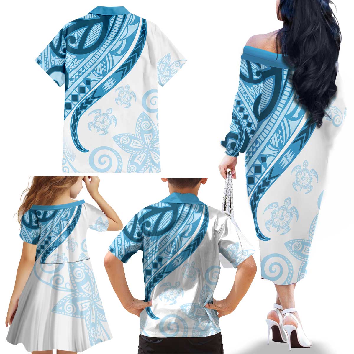 Blue Polynesian Tribal Turtle Floral Pattern Family Matching Off The Shoulder Long Sleeve Dress and Hawaiian Shirt
