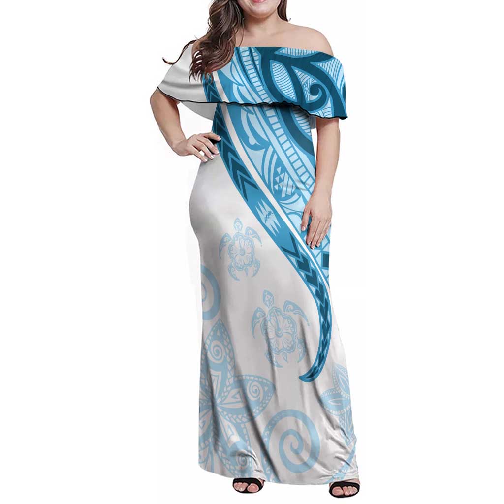 Blue Polynesian Tribal Turtle Floral Pattern Family Matching Off Shoulder Maxi Dress and Hawaiian Shirt