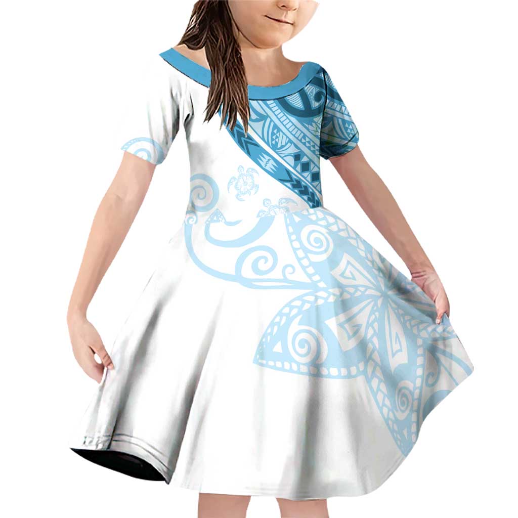 Blue Polynesian Tribal Turtle Floral Pattern Family Matching Off Shoulder Short Dress and Hawaiian Shirt