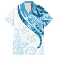 Blue Polynesian Tribal Turtle Floral Pattern Family Matching Off Shoulder Short Dress and Hawaiian Shirt