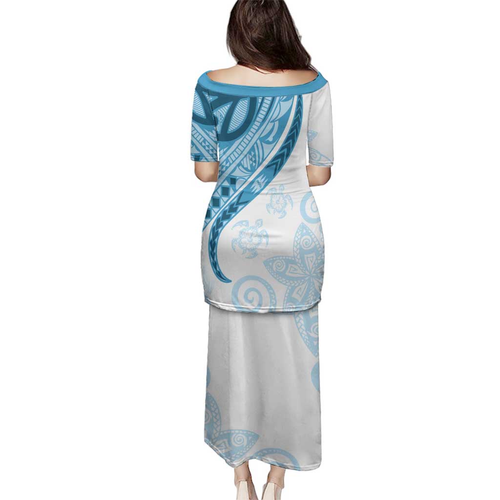 Blue Polynesian Tribal Turtle Floral Pattern Family Matching Puletasi and Hawaiian Shirt