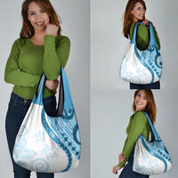 Blue Polynesian Tribal Turtle Floral Pattern Grocery Bag