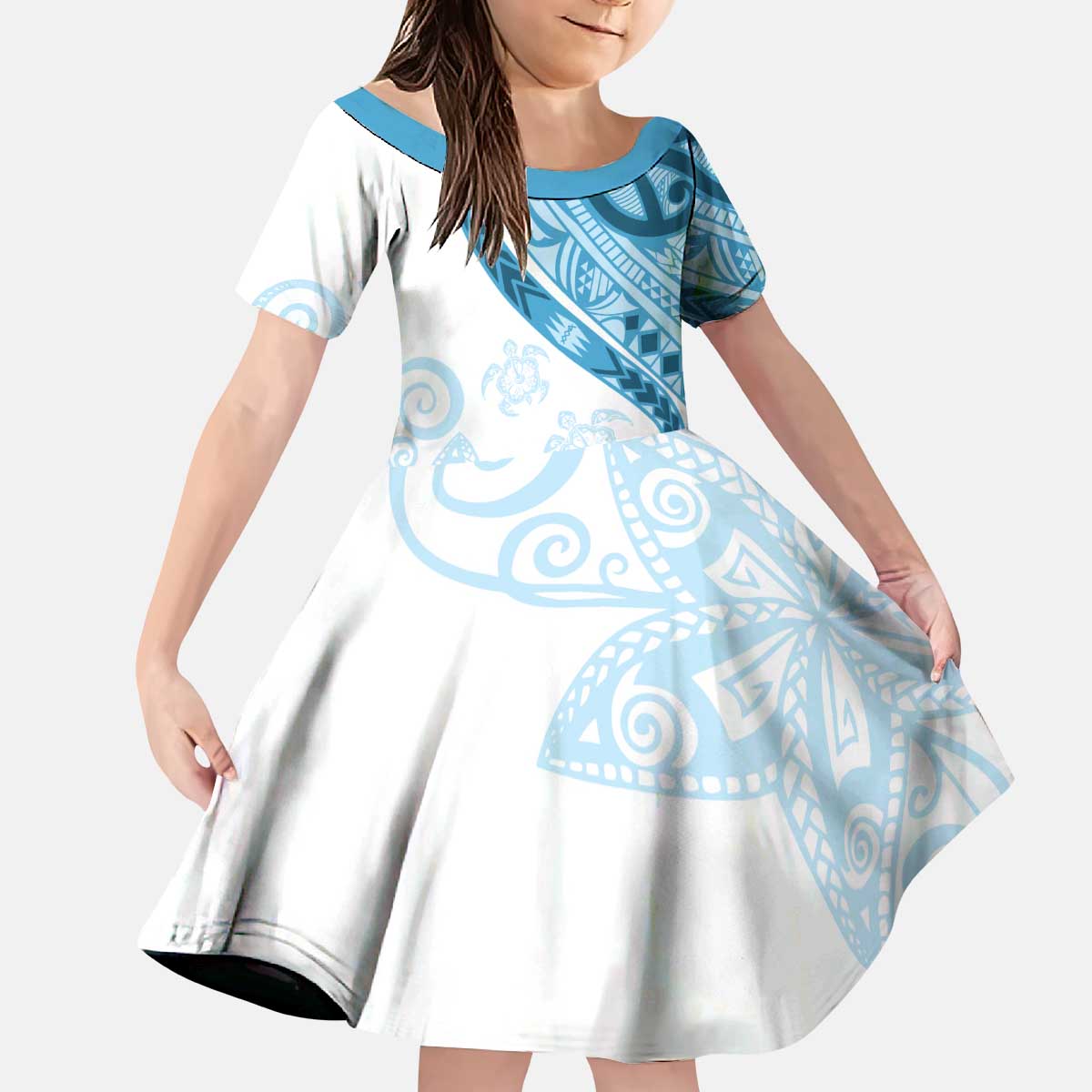 Blue Polynesian Tribal Turtle Floral Pattern Kid Short Sleeve Dress LT05 KID Blue - Polynesian Pride